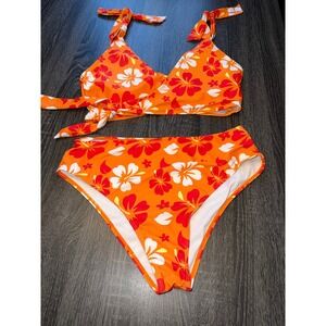 Women's XL Orange Floral Bikini Set High Waisted Retro Tropical Swim
